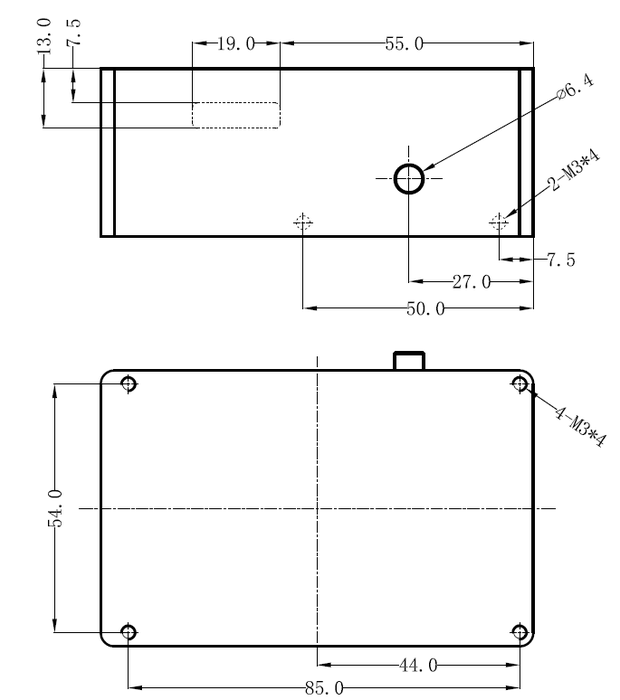 BIM-60 Series mounting-hole configuration (4 x M3 bottom, 2 x M3 side)